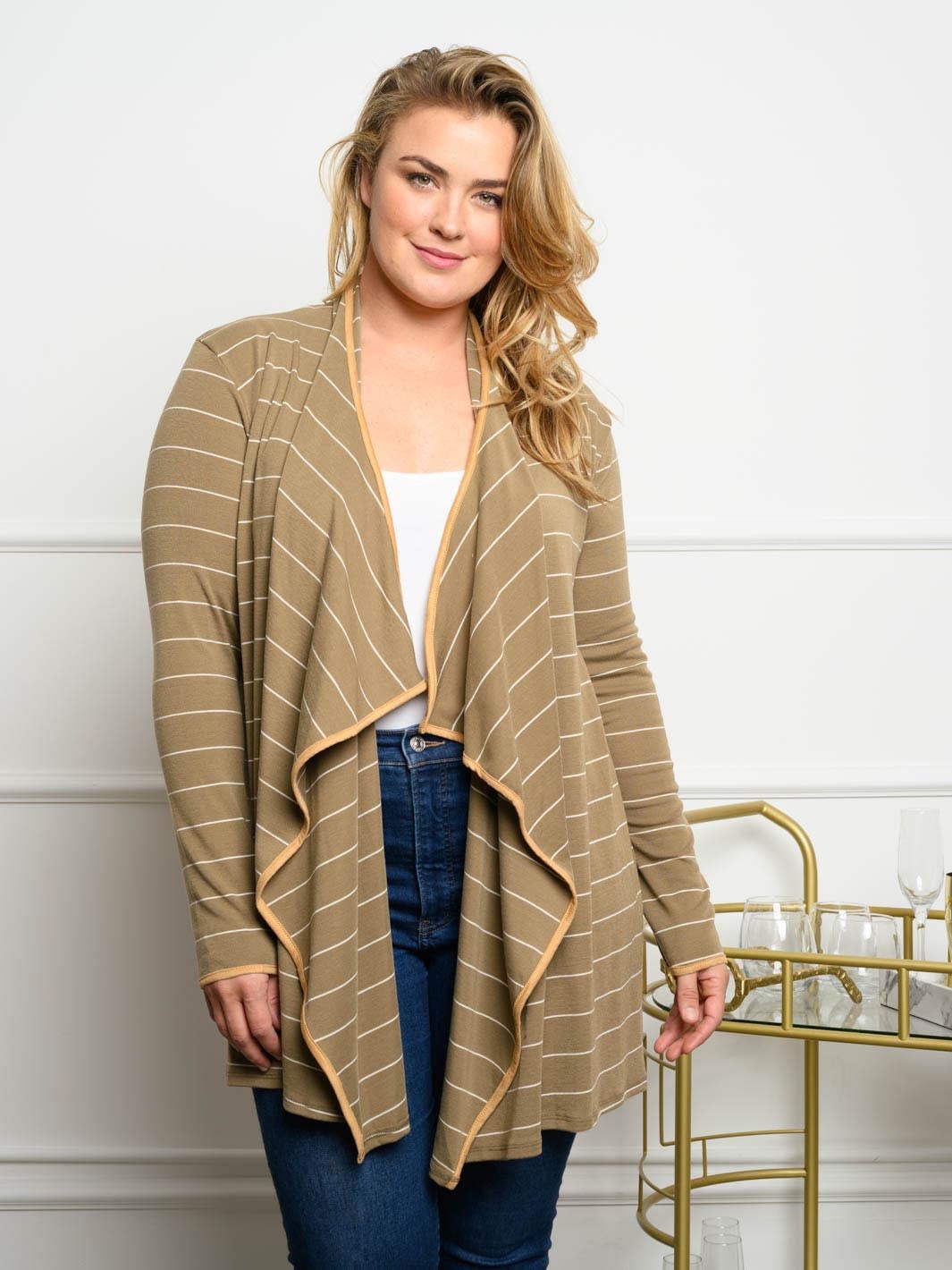 PLUS SIZE STRIPED LONG SLEEVE CARDIGAN