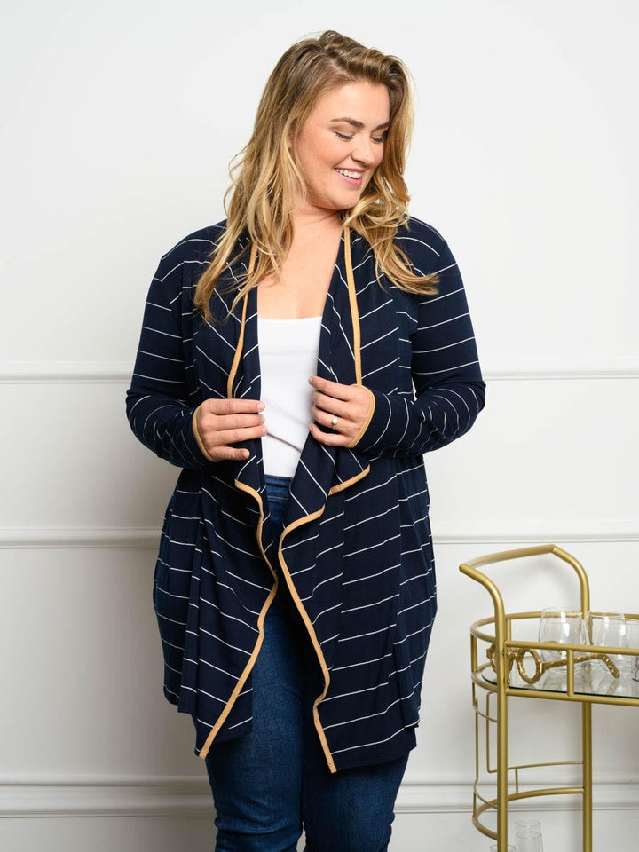 PLUS SIZE STRIPED LONG SLEEVE CARDIGAN