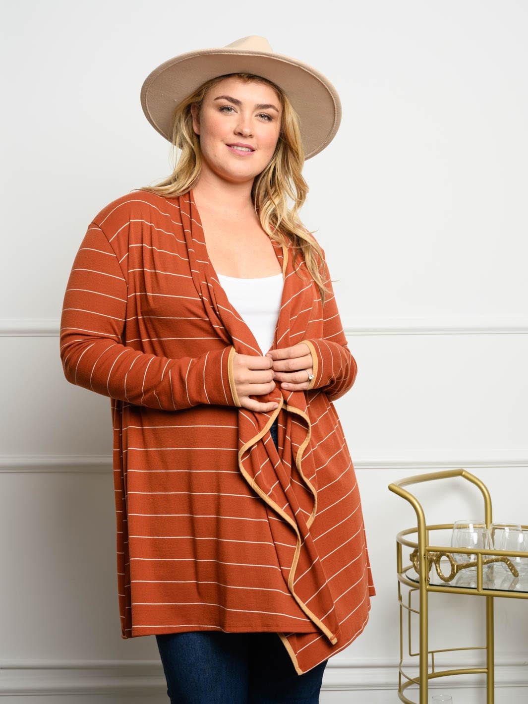 PLUS SIZE STRIPED LONG SLEEVE CARDIGAN