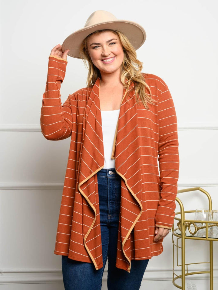 PLUS SIZE STRIPED LONG SLEEVE CARDIGAN