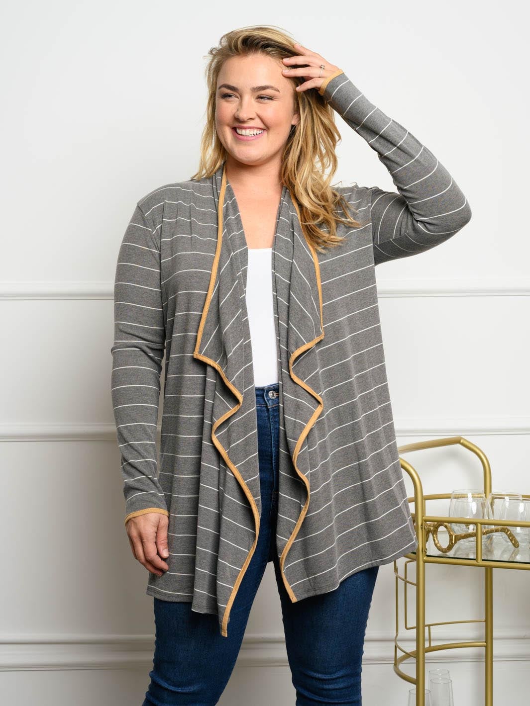 PLUS SIZE STRIPED LONG SLEEVE CARDIGAN