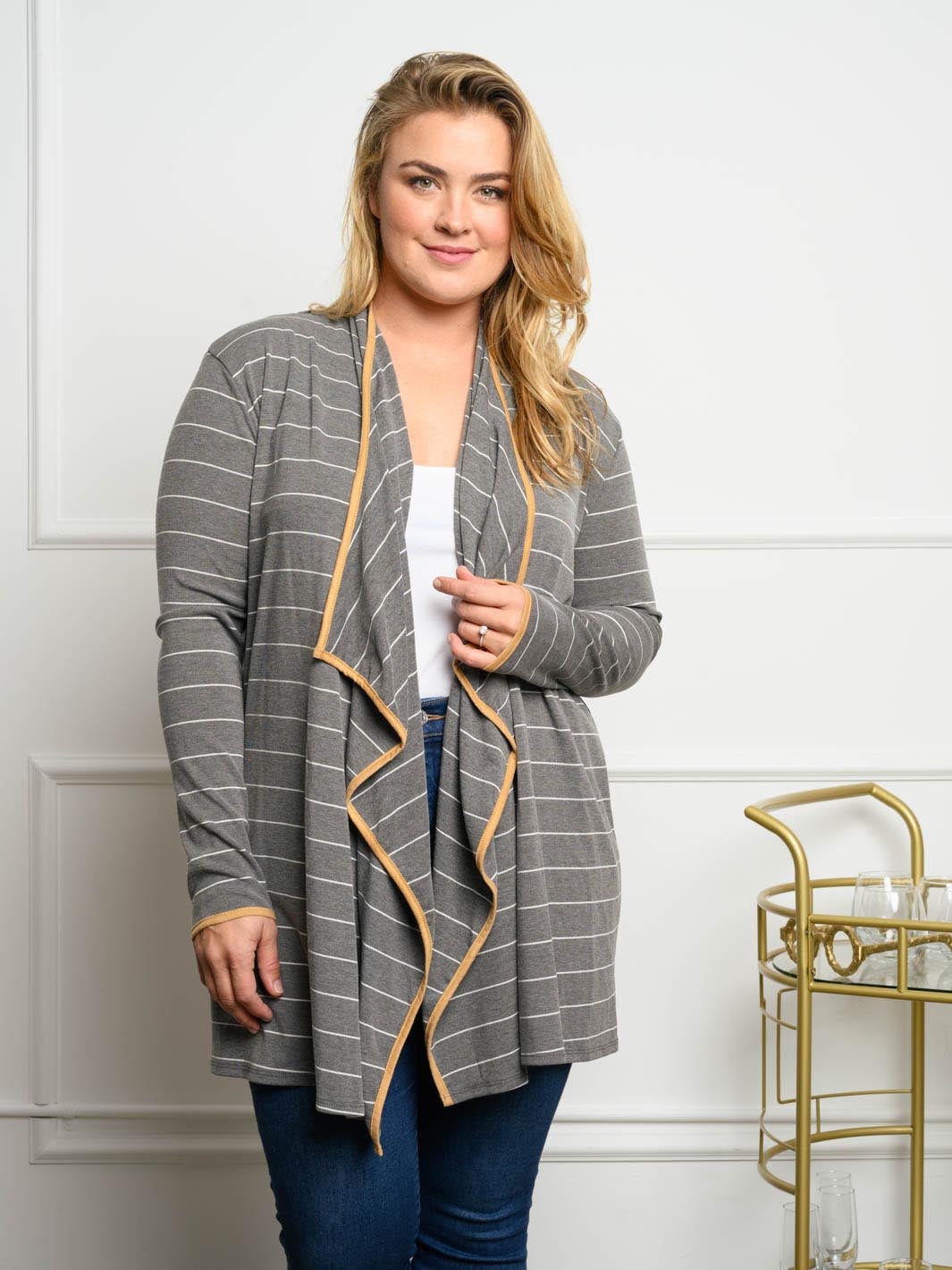 PLUS SIZE STRIPED LONG SLEEVE CARDIGAN