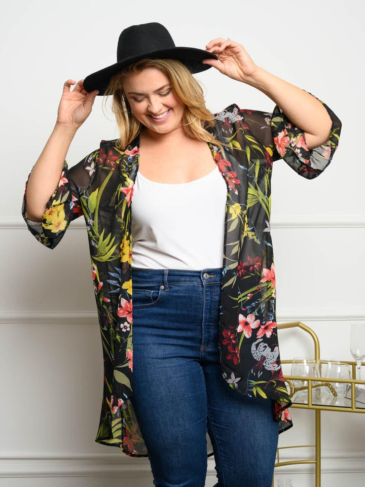 PLUS SIZE LACE CONTRAST FLORAL KIMONO