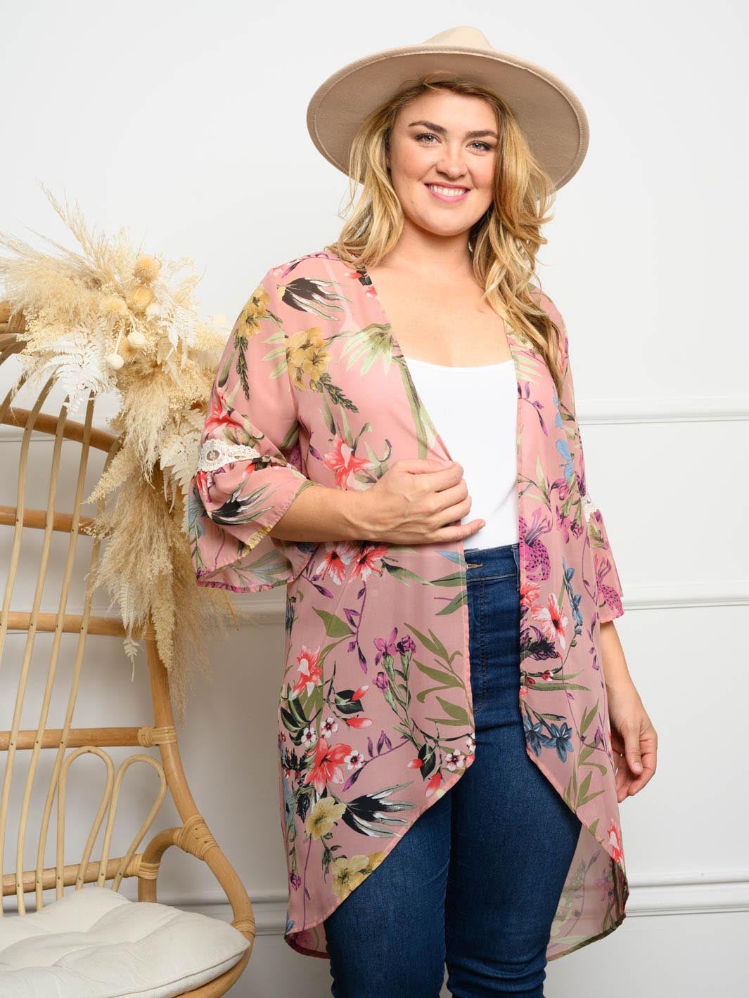 PLUS SIZE LACE CONTRAST FLORAL KIMONO