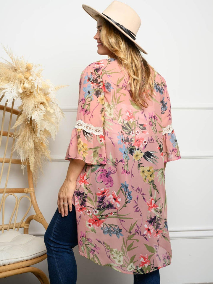PLUS SIZE LACE CONTRAST FLORAL KIMONO