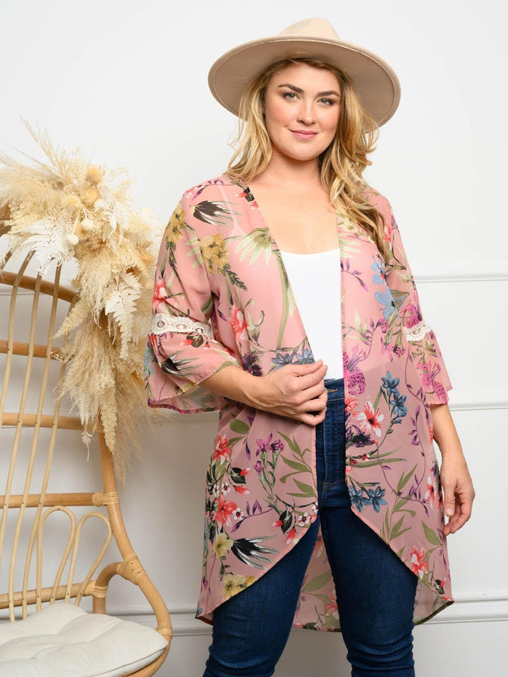 PLUS SIZE LACE CONTRAST FLORAL KIMONO