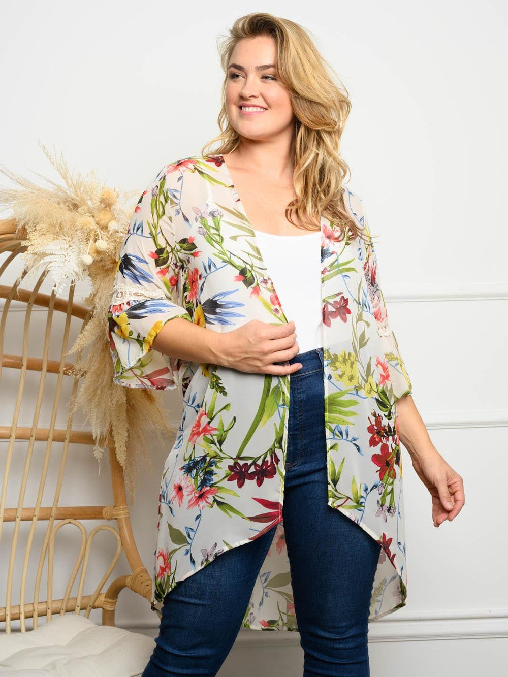 PLUS SIZE LACE CONTRAST FLORAL KIMONO