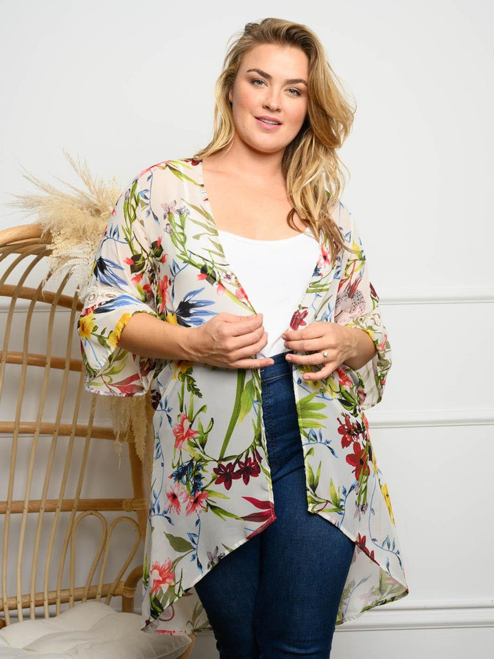 PLUS SIZE LACE CONTRAST FLORAL KIMONO