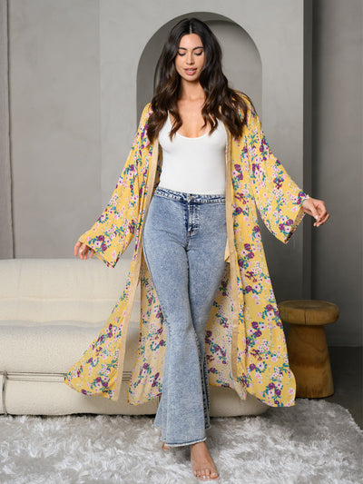 WOMEN'S FLORAL PRINT WITH SUEDE OPEN FRONT MAXI KIMONO