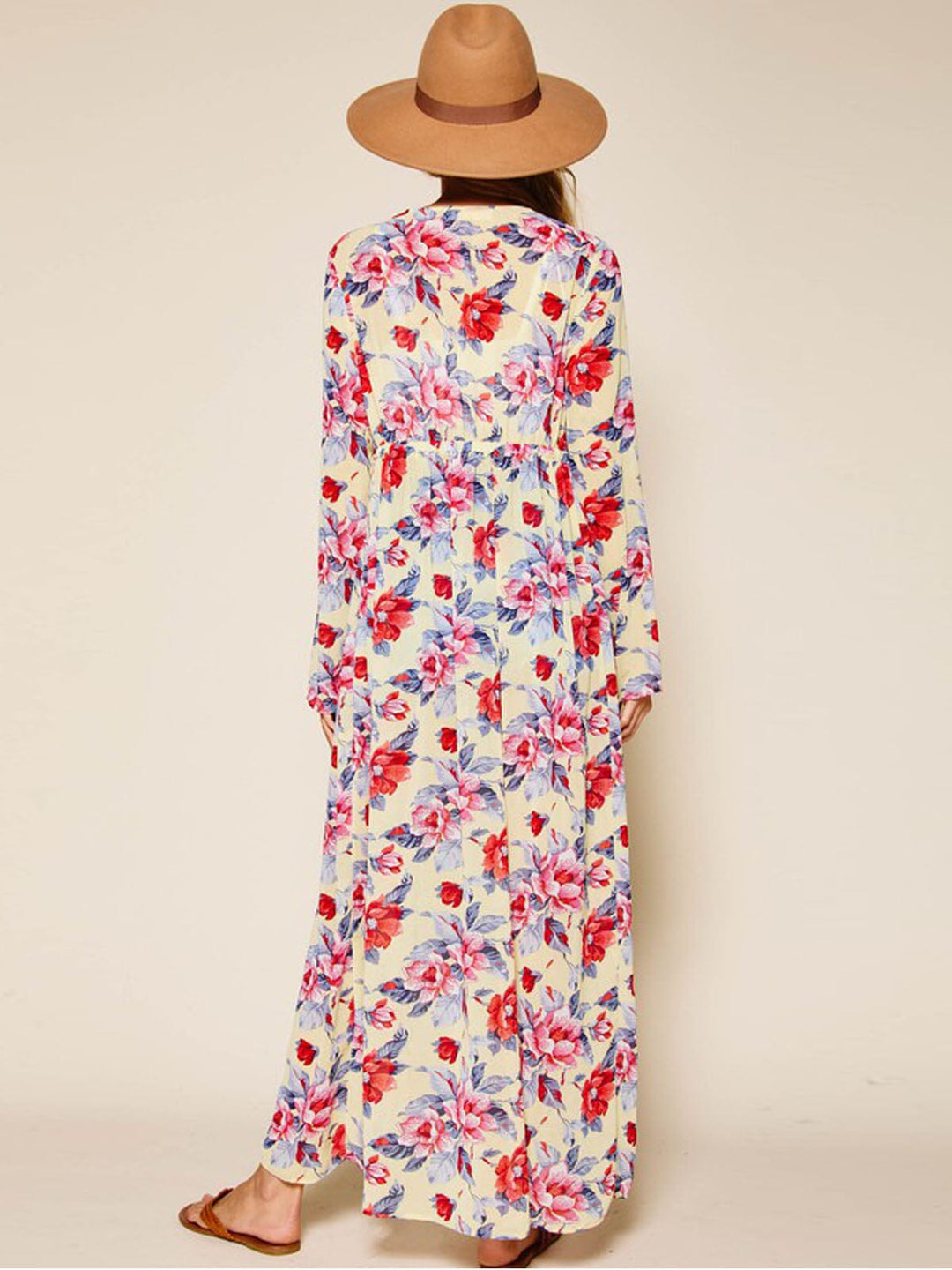 WOMEN'S LONG SLEEVE LACE TRIM FLORAL SELF TIE KIMONO