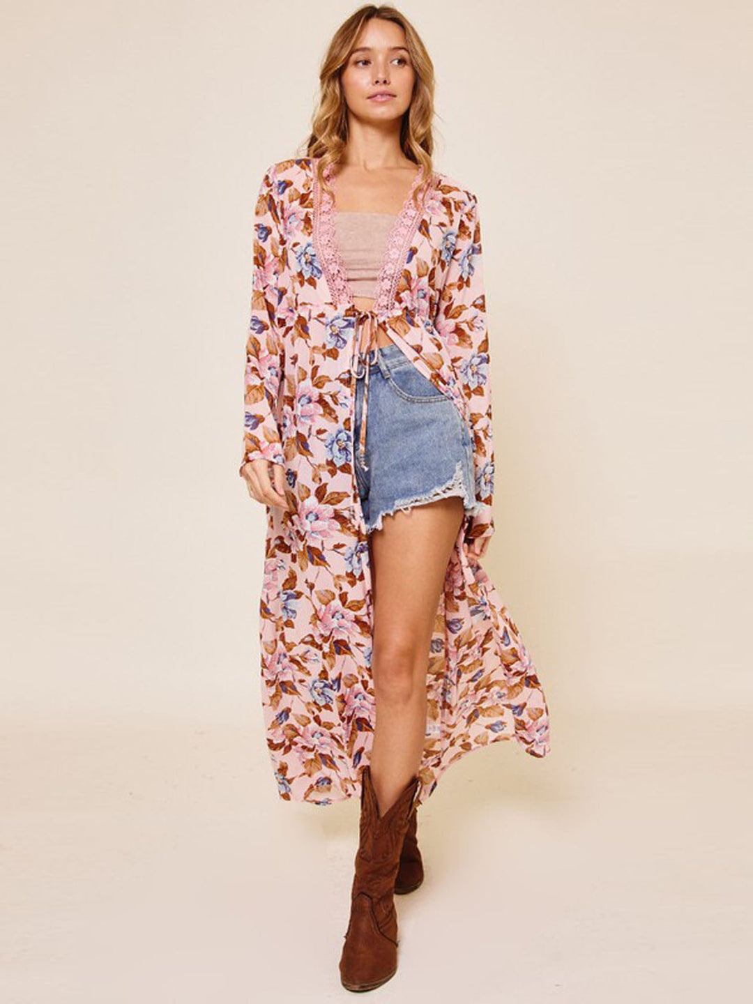 WOMEN'S LONG SLEEVE LACE TRIM FLORAL SELF TIE KIMONO