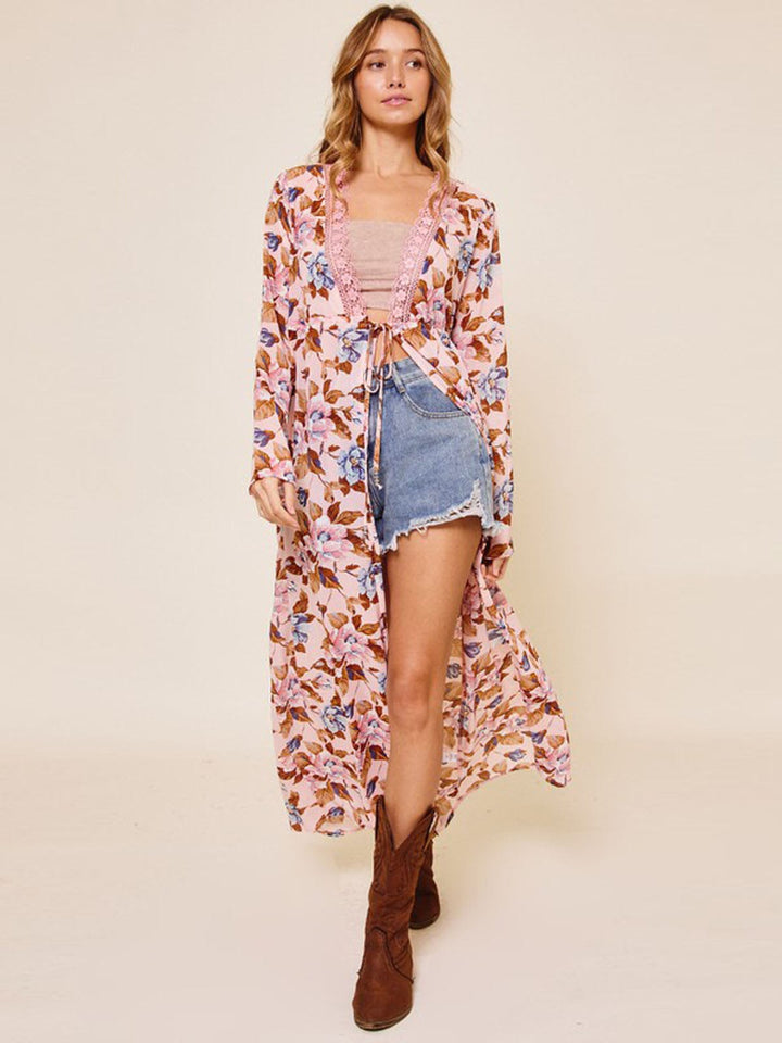 WOMEN'S LONG SLEEVE LACE TRIM FLORAL SELF TIE KIMONO