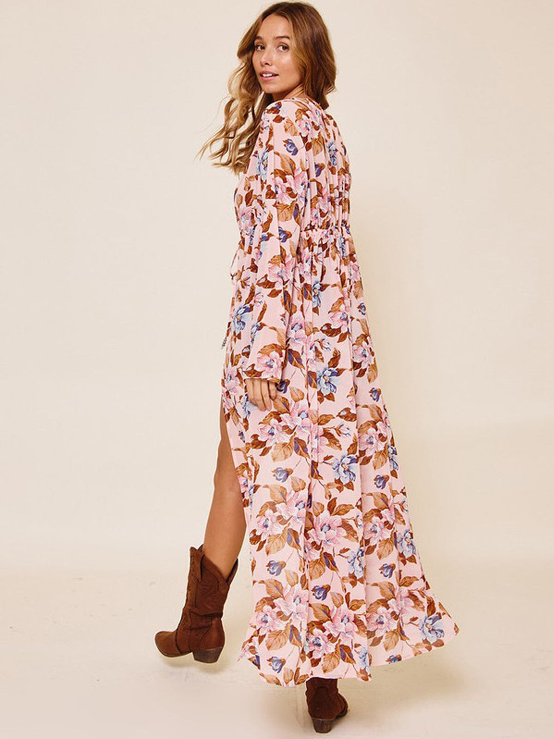 WOMEN'S LONG SLEEVE LACE TRIM FLORAL SELF TIE KIMONO