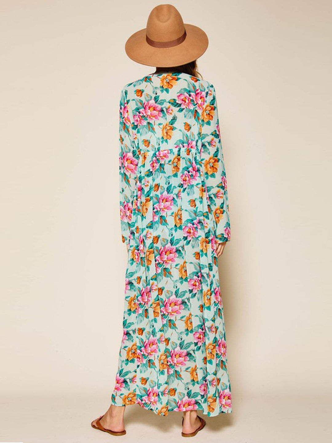 WOMEN'S LONG SLEEVE LACE TRIM FLORAL SELF TIE KIMONO