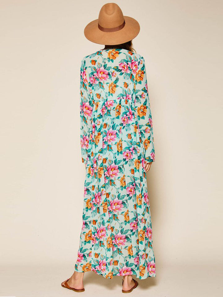 WOMEN'S LONG SLEEVE LACE TRIM FLORAL SELF TIE KIMONO