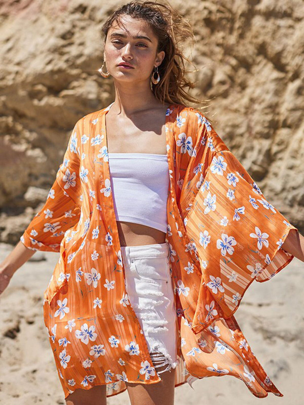 WOMEN'S 3/4 SLEEVE FLORAL SHIMMER DUSTER CARDIGAN