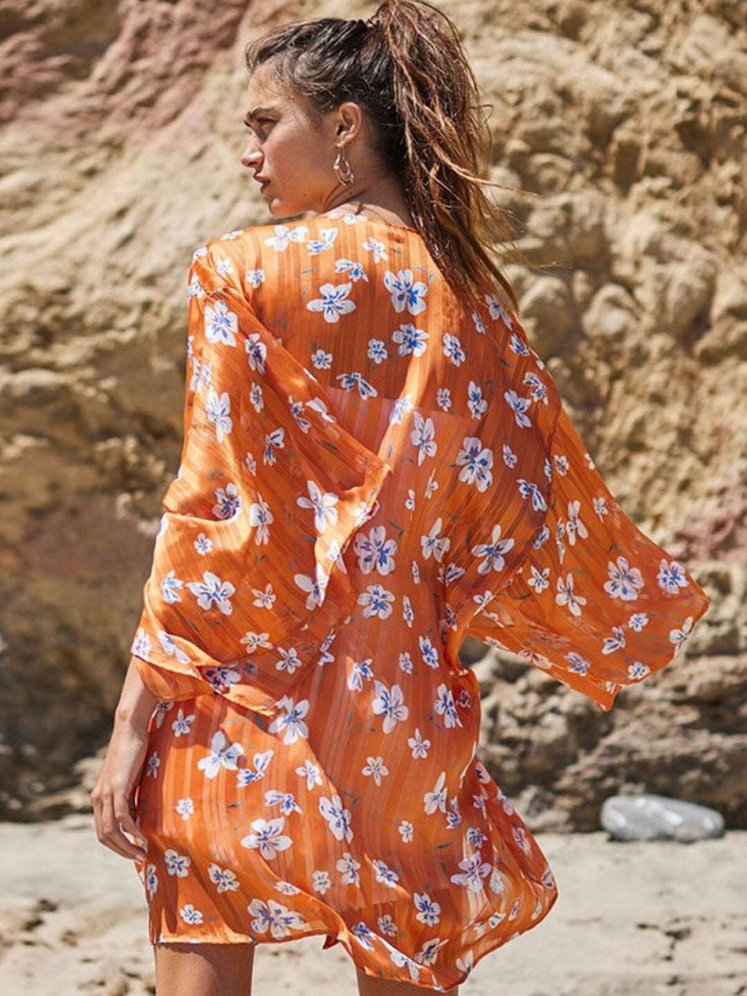 WOMEN'S 3/4 SLEEVE FLORAL SHIMMER DUSTER CARDIGAN