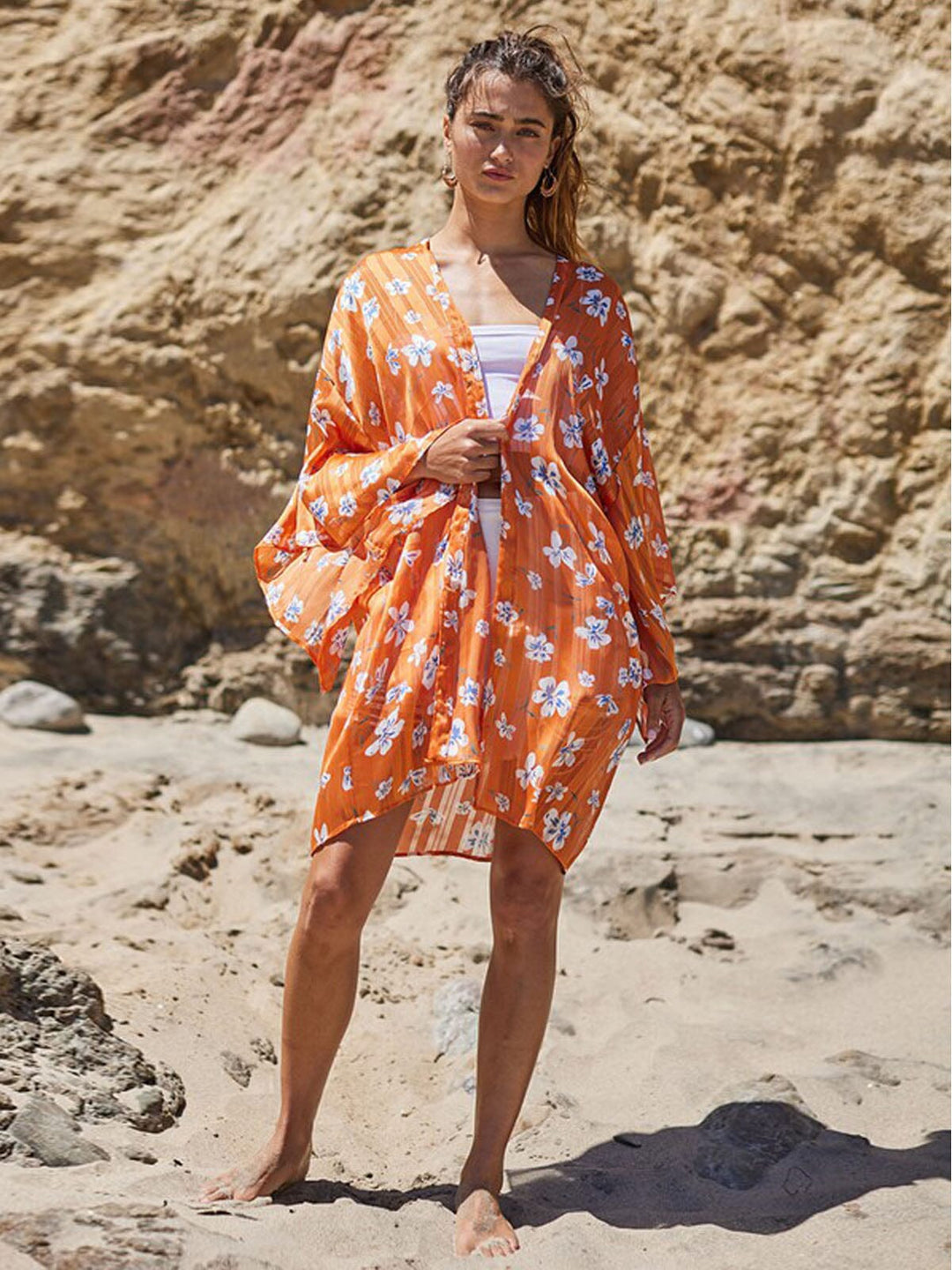 WOMEN'S 3/4 SLEEVE FLORAL SHIMMER DUSTER CARDIGAN