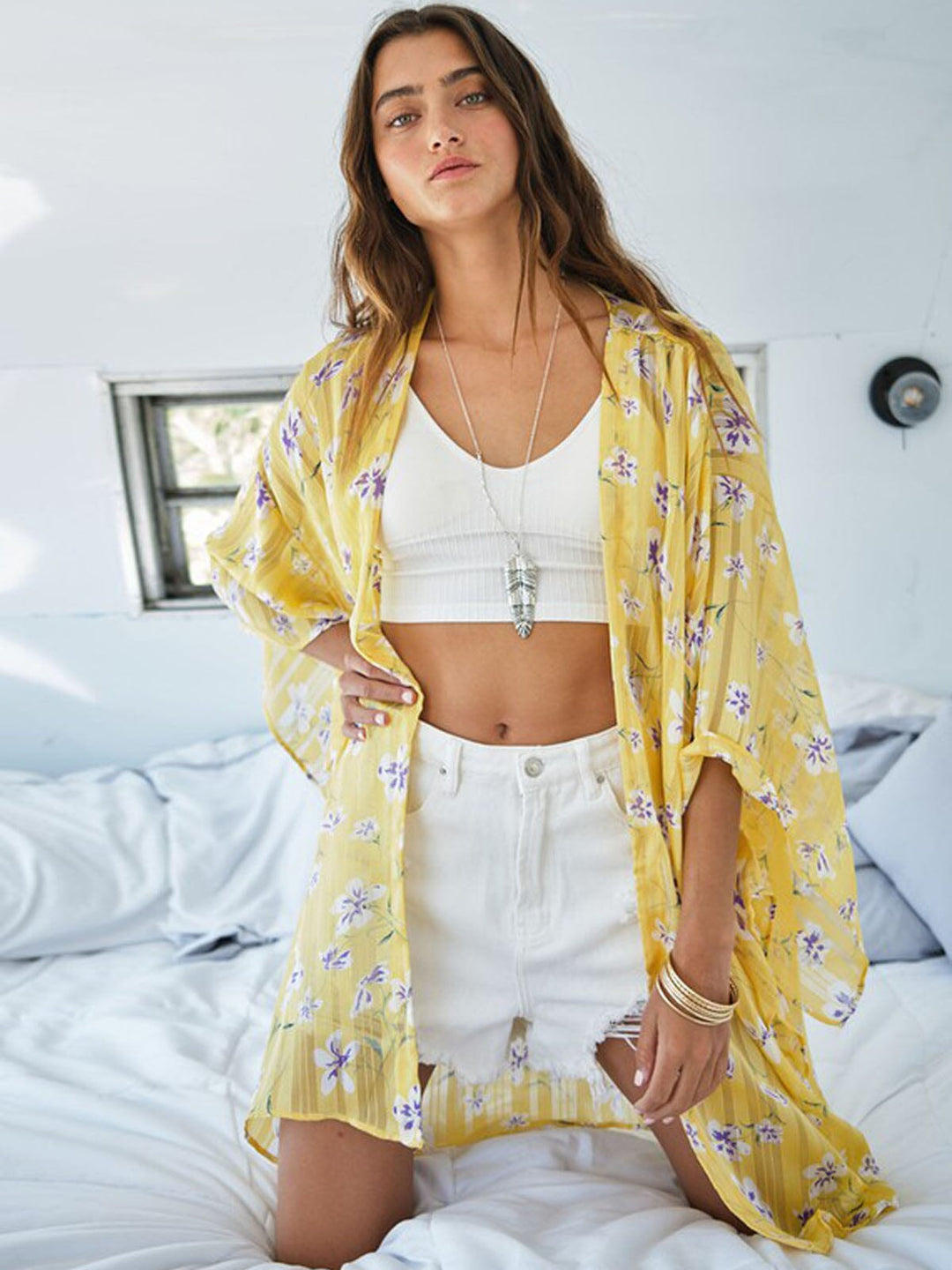 WOMEN'S 3/4 SLEEVE FLORAL SHIMMER DUSTER CARDIGAN