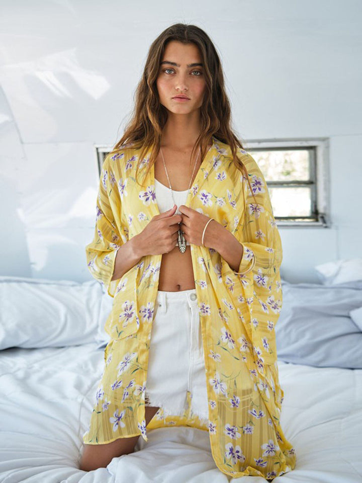 WOMEN'S 3/4 SLEEVE FLORAL SHIMMER DUSTER CARDIGAN