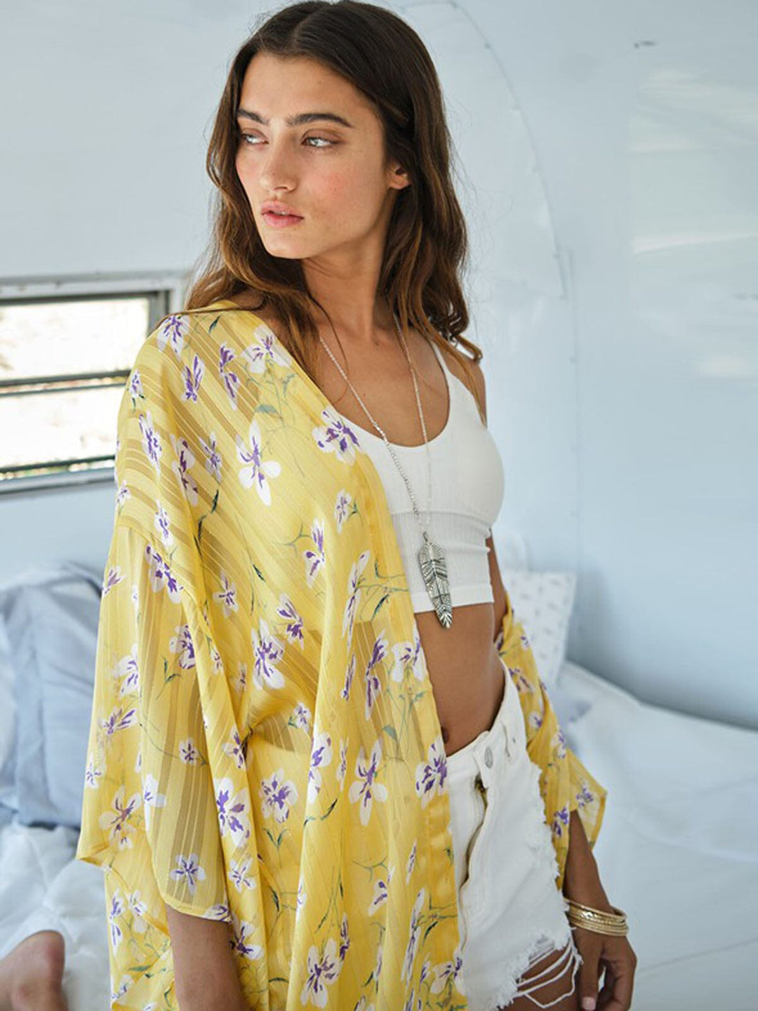 WOMEN'S 3/4 SLEEVE FLORAL SHIMMER DUSTER CARDIGAN