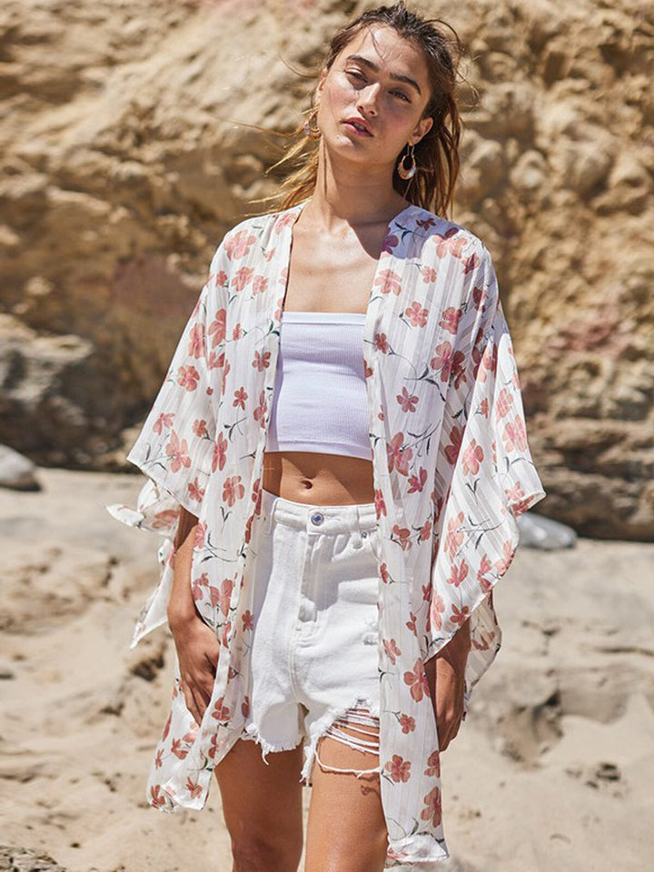 WOMEN'S 3/4 SLEEVE FLORAL SHIMMER DUSTER CARDIGAN