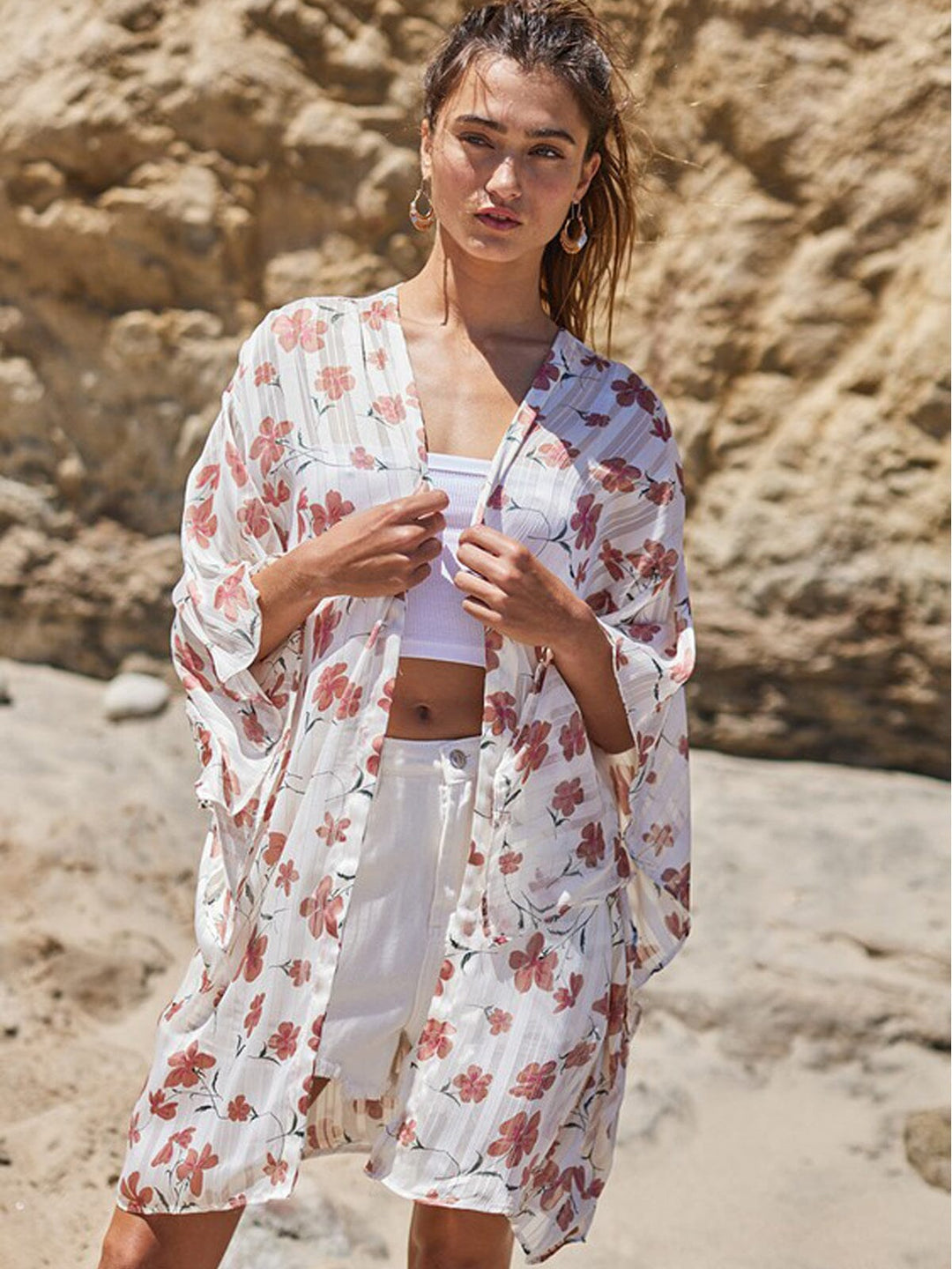 WOMEN'S 3/4 SLEEVE FLORAL SHIMMER DUSTER CARDIGAN