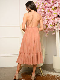WOMEN'S V-NECK RUFFLE MIDI DRESS