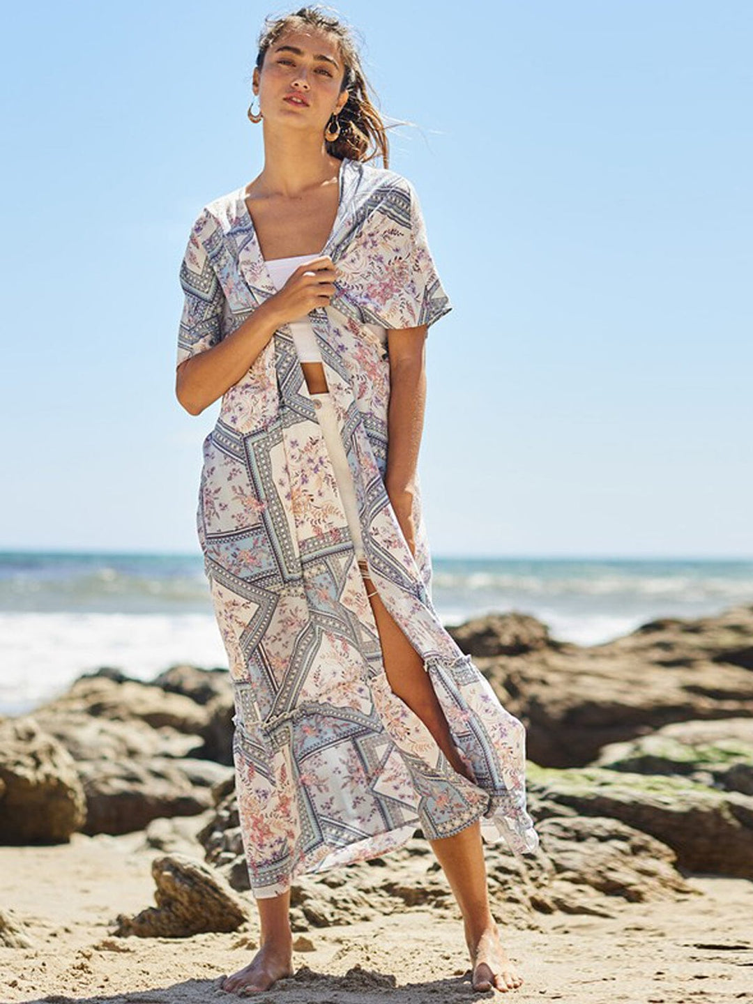 WOMEN'S SHORT SLEEVE PRINT RUFFLE BOTTOM HEM CARDIGAN