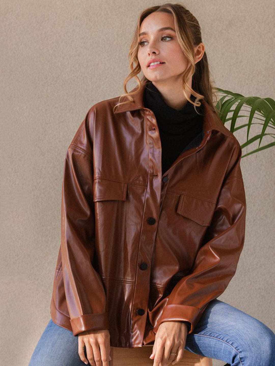 WOMEN'S LONG SLEEVE BUTTON UP PU PLEATHER JACKET