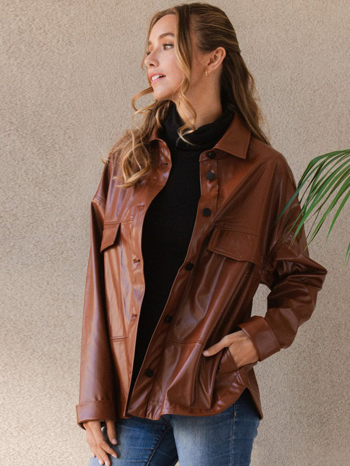 WOMEN'S LONG SLEEVE BUTTON UP PU PLEATHER JACKET