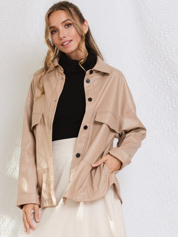 WOMEN'S LONG SLEEVE BUTTON UP PU PLEATHER JACKET