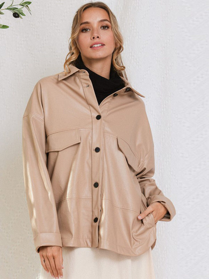WOMEN'S LONG SLEEVE BUTTON UP PU PLEATHER JACKET