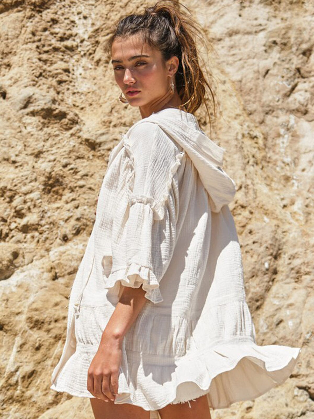 WOMEN'S SHORT SLEEVE RUFFLE HOODED COVER UP CARDIGAN