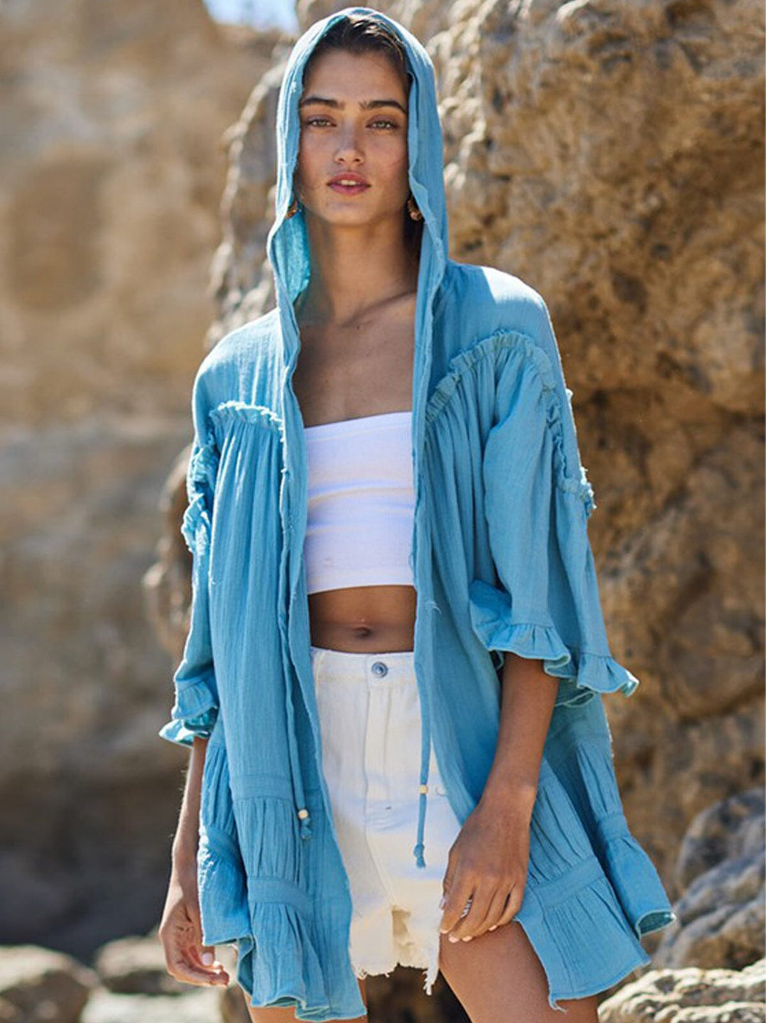 WOMEN'S SHORT SLEEVE RUFFLE HOODED COVER UP CARDIGAN