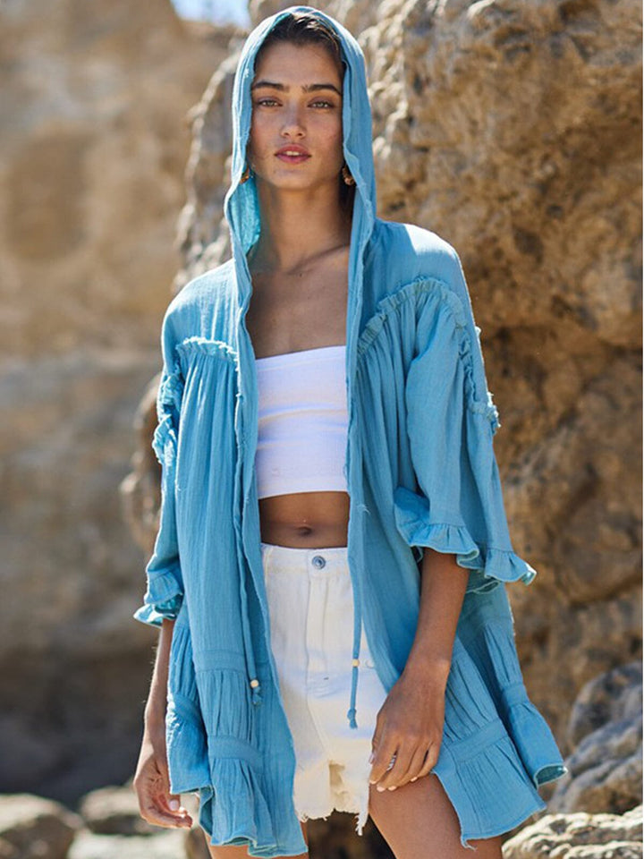WOMEN'S SHORT SLEEVE RUFFLE HOODED COVER UP CARDIGAN