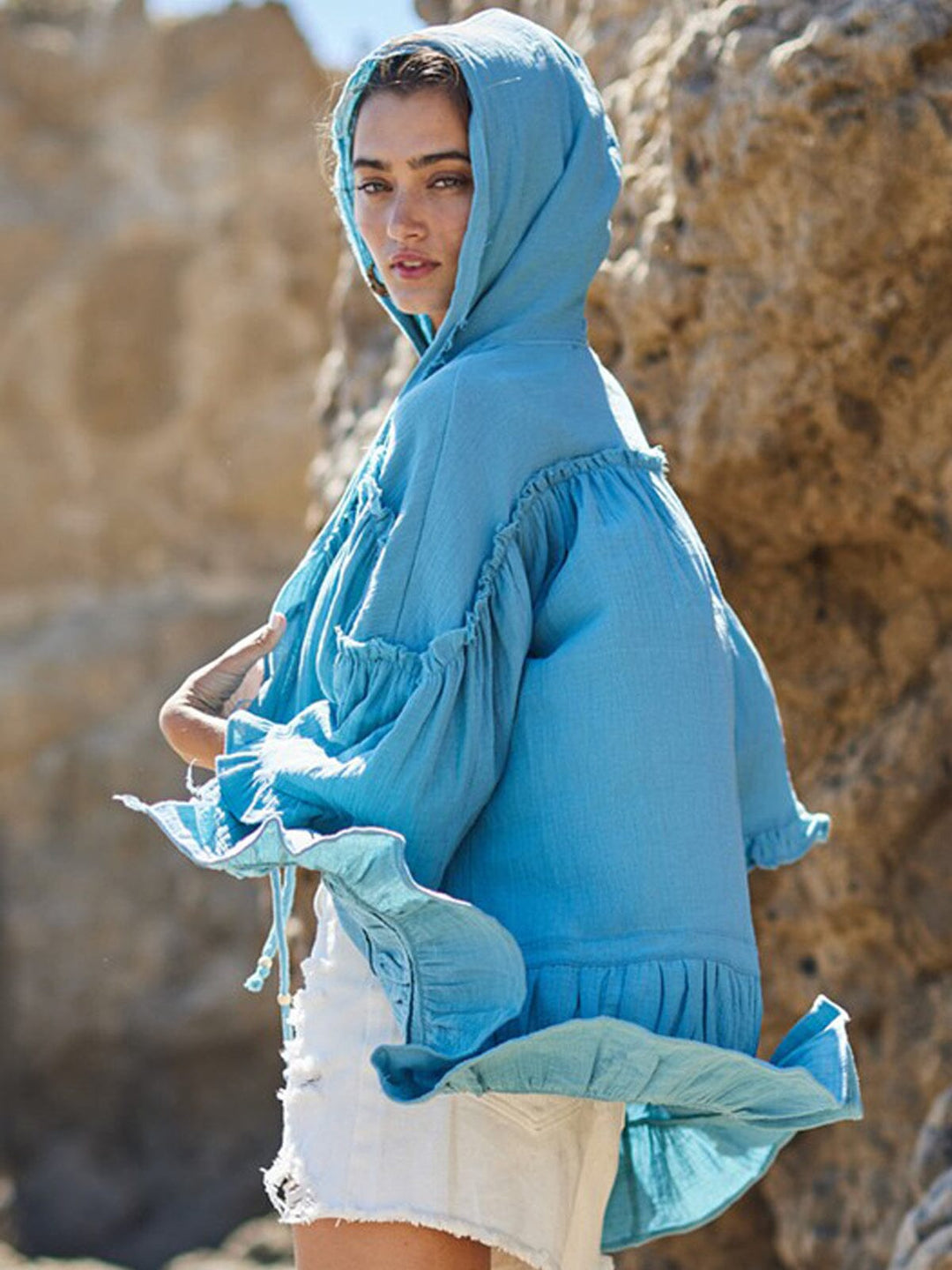 WOMEN'S SHORT SLEEVE RUFFLE HOODED COVER UP CARDIGAN