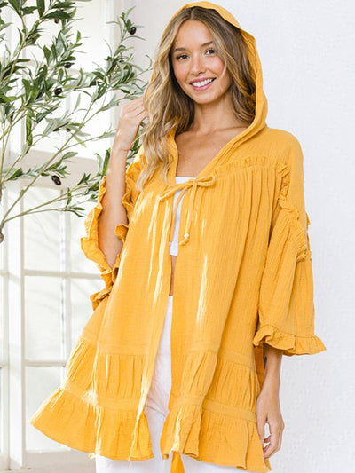 WOMEN'S SHORT SLEEVE RUFFLE HOODED COVER UP CARDIGAN