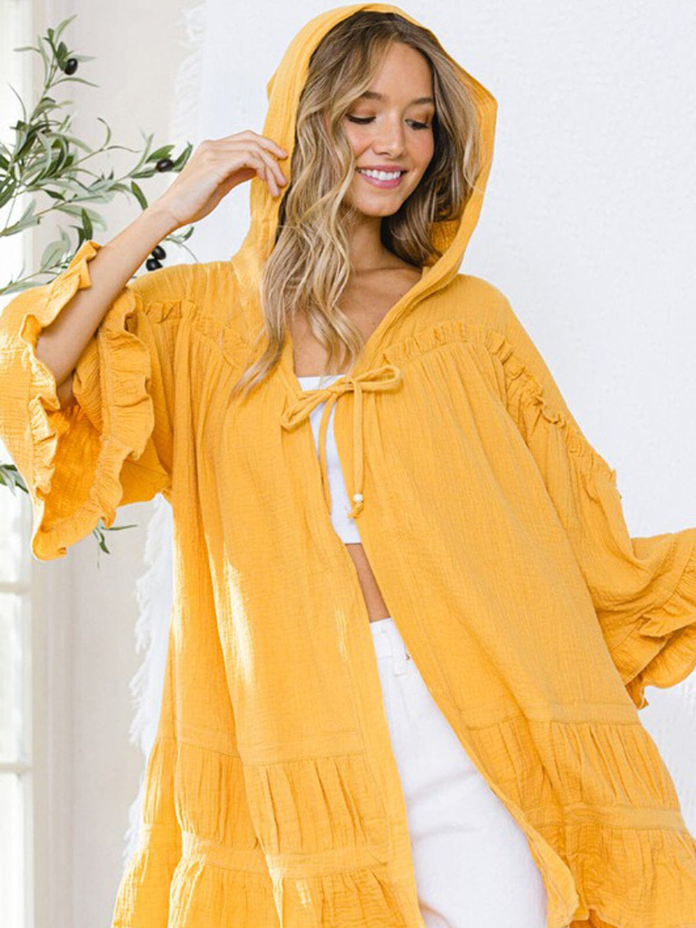 WOMEN'S SHORT SLEEVE RUFFLE HOODED COVER UP CARDIGAN