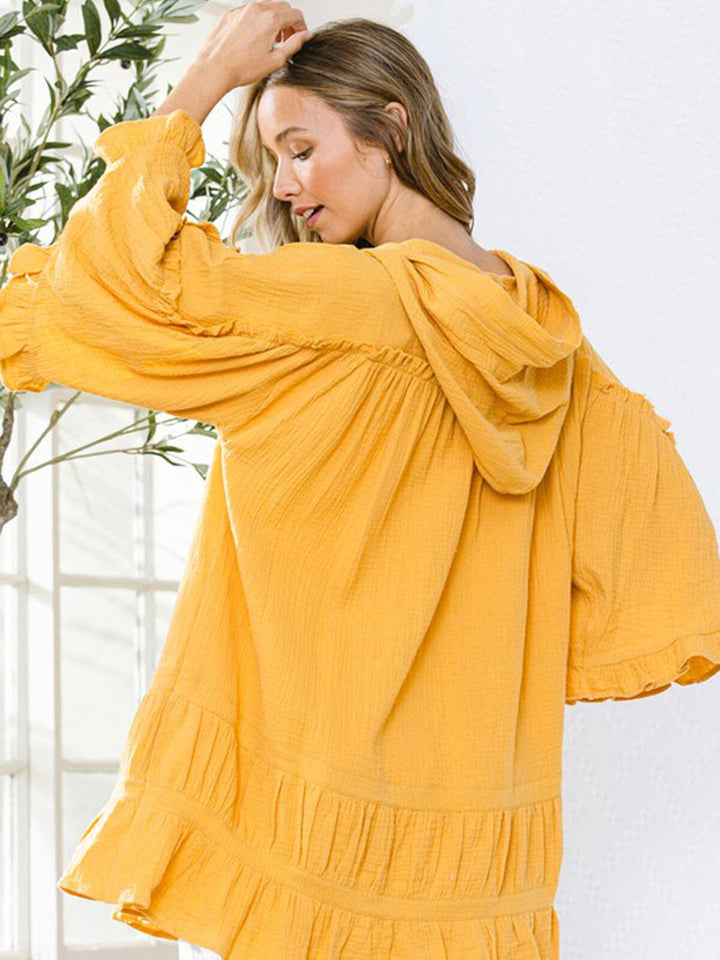 WOMEN'S SHORT SLEEVE RUFFLE HOODED COVER UP CARDIGAN