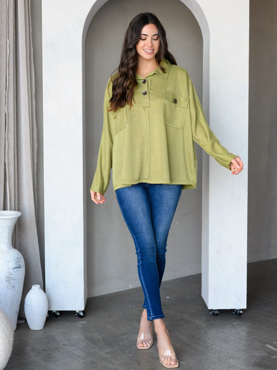 WOMEN'S LONG SLEEVE FRONT POCKETS TUNIC TOP