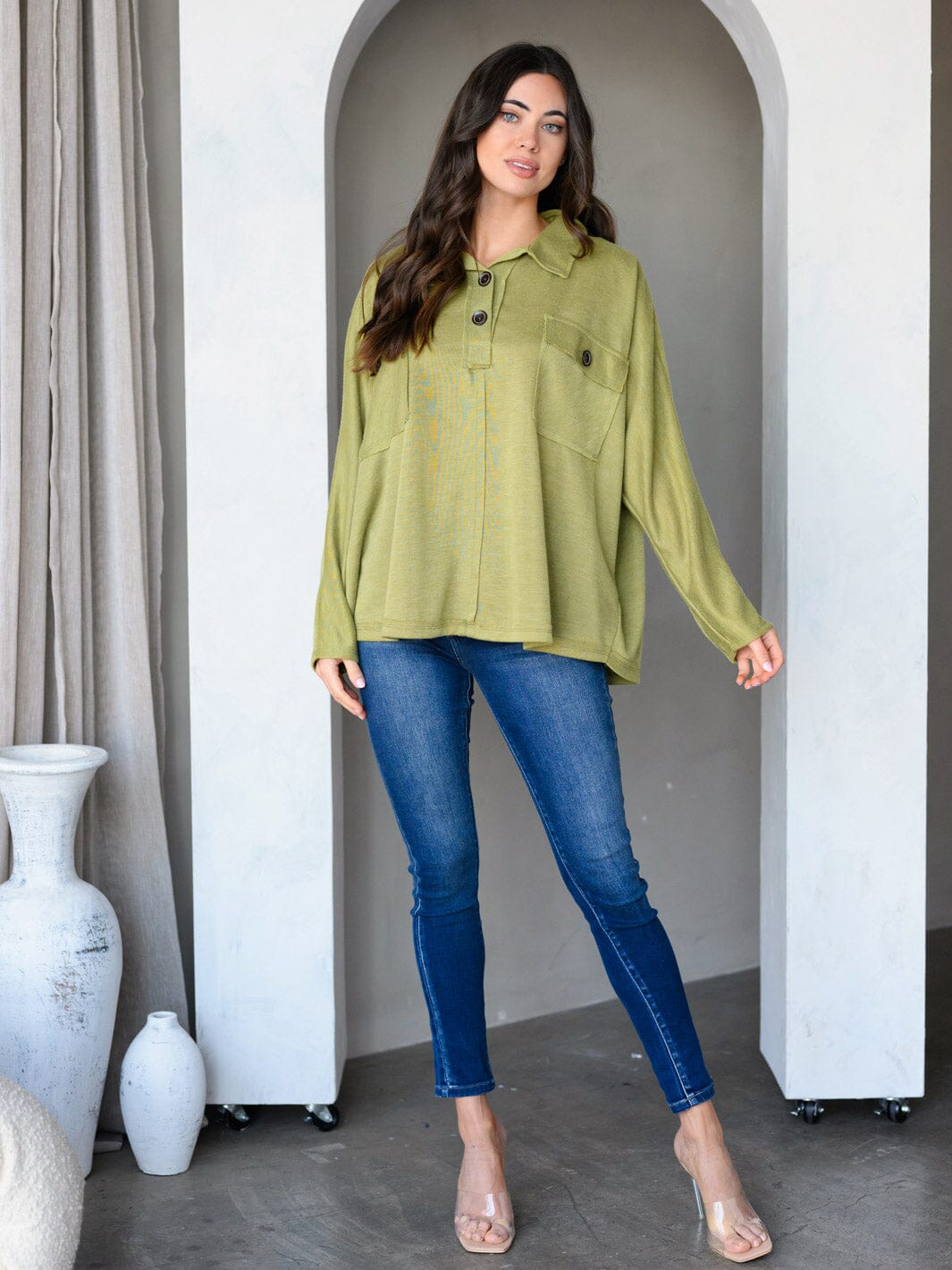WOMEN'S LONG SLEEVE FRONT POCKETS TUNIC TOP