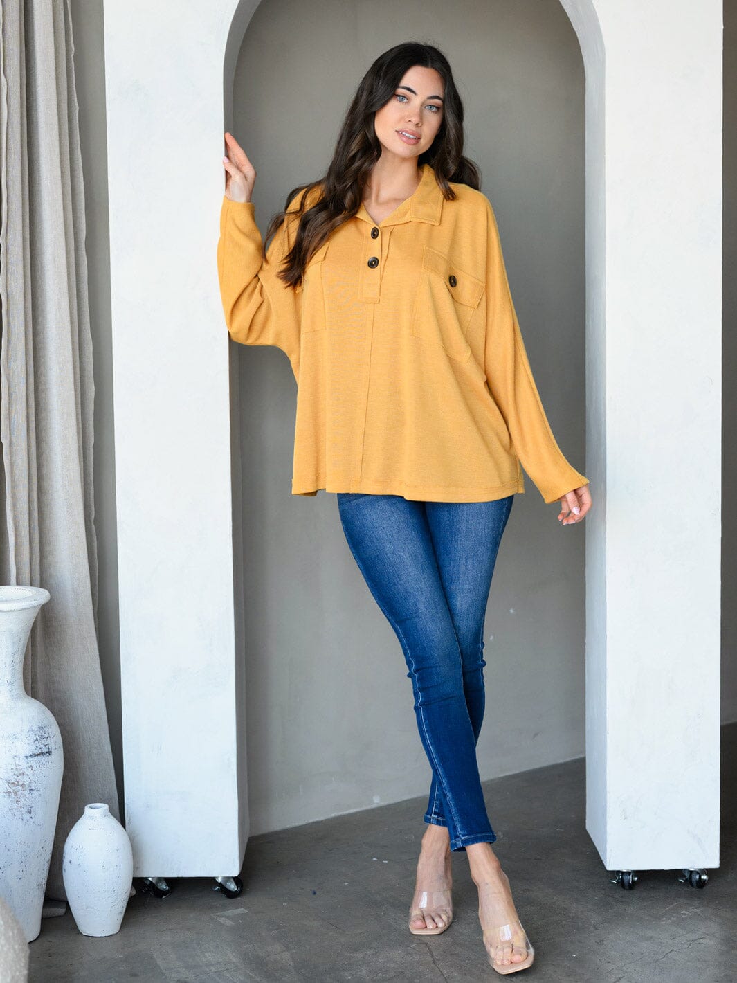 WOMEN'S LONG SLEEVE FRONT POCKETS TUNIC TOP