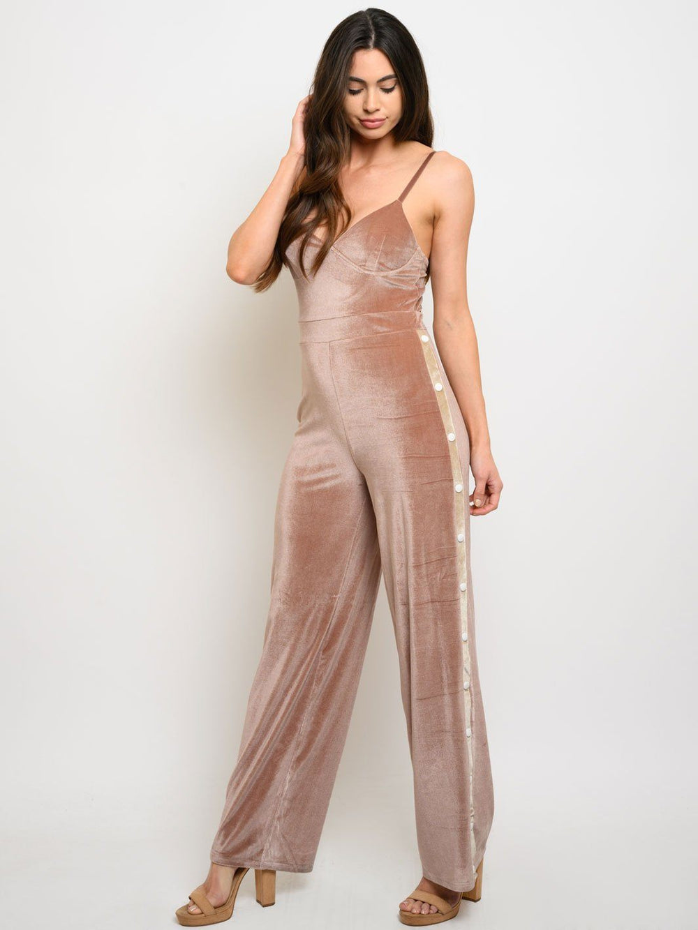 WOMEN'S V-NECK BUTTON SIDE CLOSURE JUMPSUIT