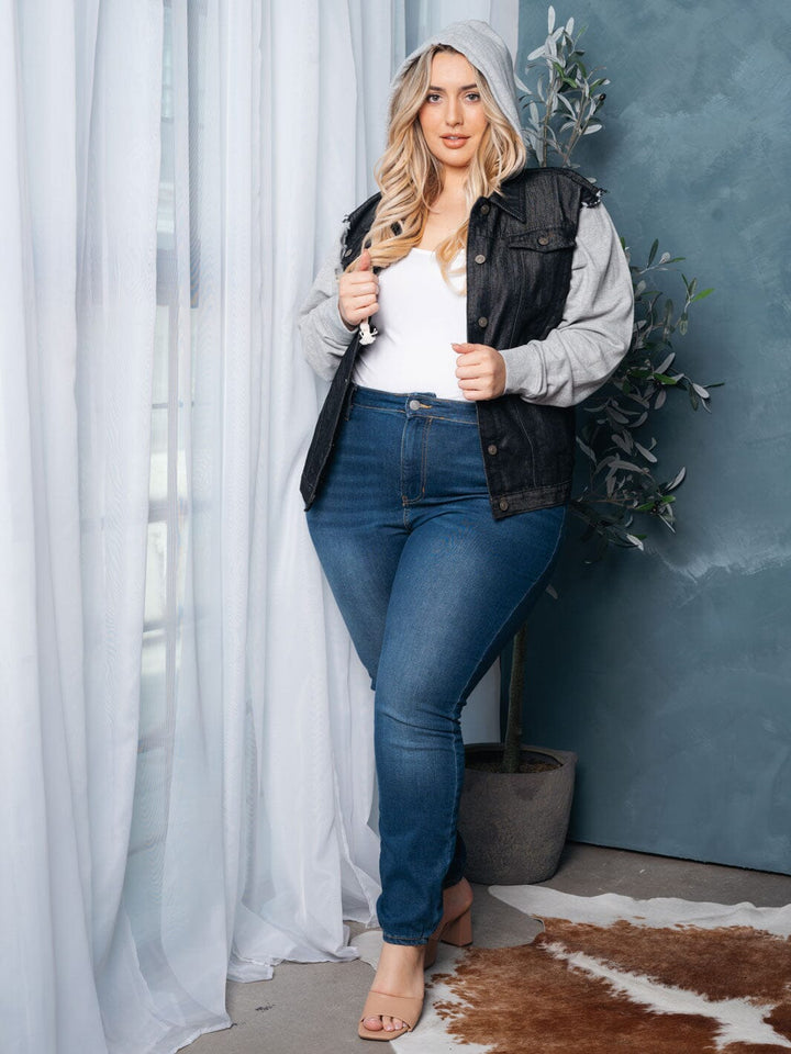 PLUS SIZE LONG SLEEVE HOODED DENIM JACKET