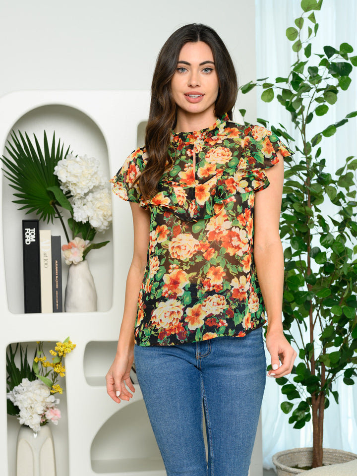 WOMEN'S SHORT SLEEVE RUFFLE FLORAL TOP