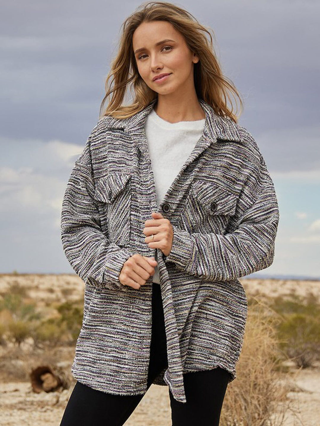 WOMEN'S LONG SLEEVE POCKETS BUTTON UP TWEED JACKET