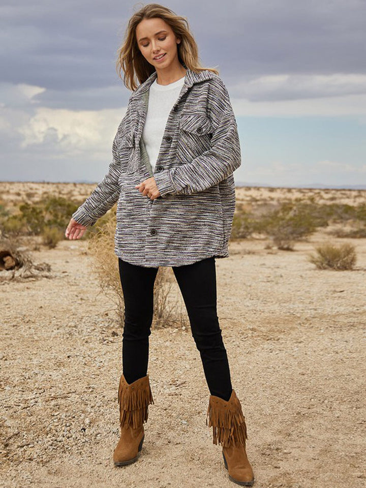 WOMEN'S LONG SLEEVE POCKETS BUTTON UP TWEED JACKET