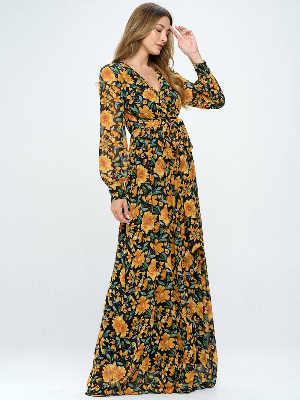 WOMEN'S LONG SLEEVE FLORAL SURPLICE MAXI DRESS