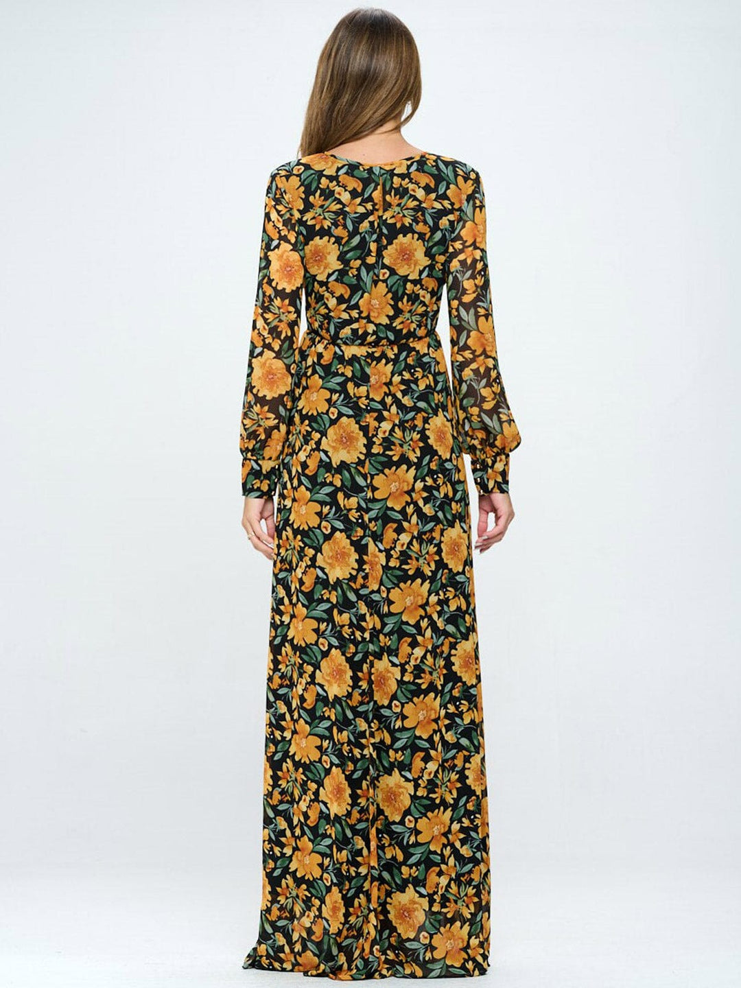 WOMEN'S LONG SLEEVE FLORAL SURPLICE MAXI DRESS